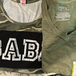 Army green T-shirt. Plus one more. Sweet deal, 2 for 1.